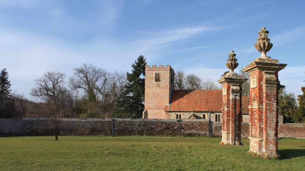 Listed gate piers and church within the registered park at Hamstead Marshall (Image edited)
